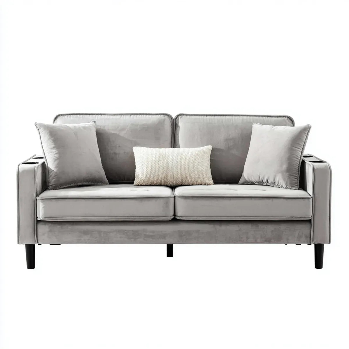 Canapé 2 places avec porte-gobelets gris 160 x 82 x 86 cm en velours de polyester forme droite