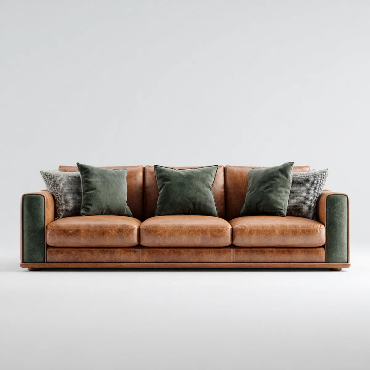 Canapé droit 3 places cognac et vert en cuir synthétique PU 230 x 95 x 85 cm