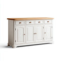 Îlot de cuisine rectangulaire blanc et naturel 180 x 60 x 90 cm en MDF et bois massif d'hévéa avec 4 portes et 4 tiroirs