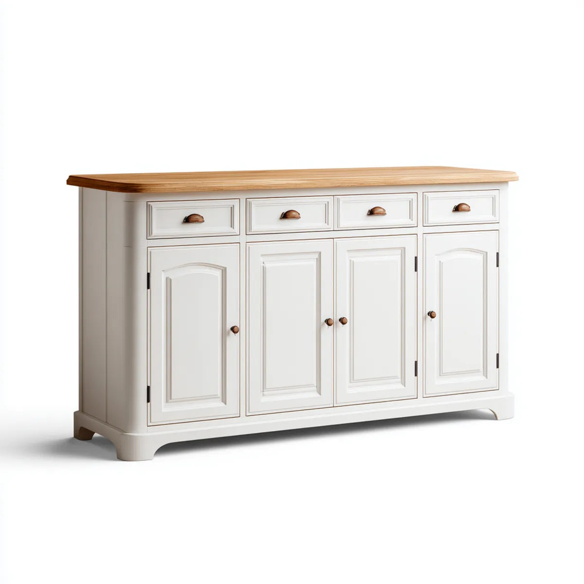 Îlot de cuisine rectangulaire blanc et naturel 180 x 60 x 90 cm en MDF et bois massif d'hévéa avec 4 portes et 4 tiroirs