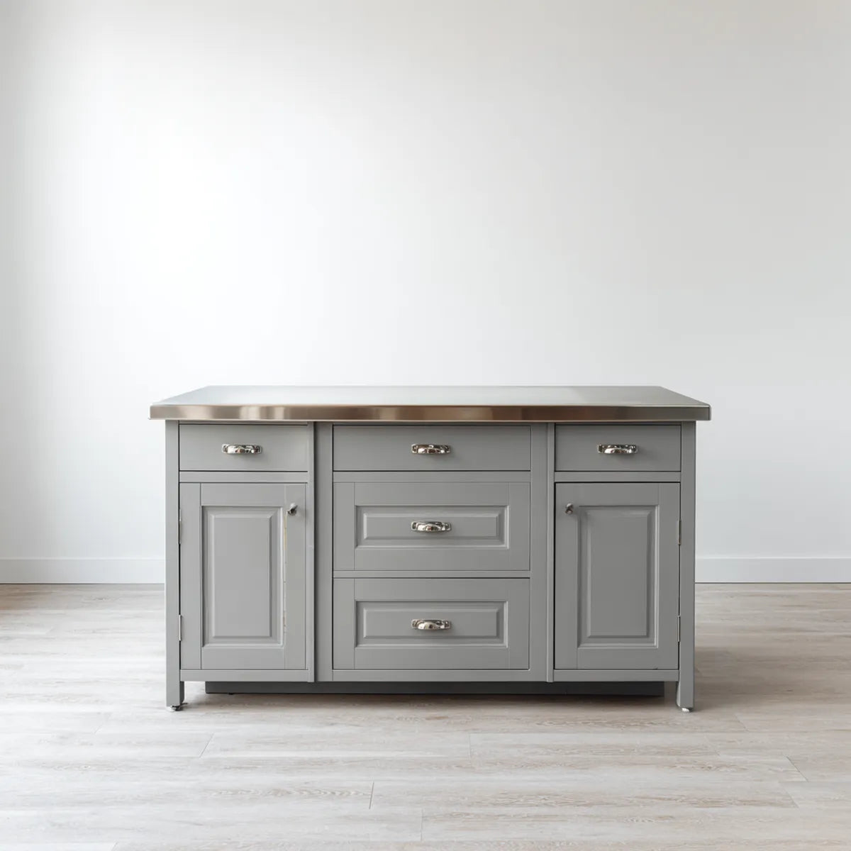 Îlot de cuisine gris rectangulaire 152 x 76 x 91 cm en MDF avec plan de travail en acier inoxydable