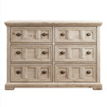 Commode 6 tiroirs beige vieilli en pin massif rectangulaire 150 x 45 x 90 cm